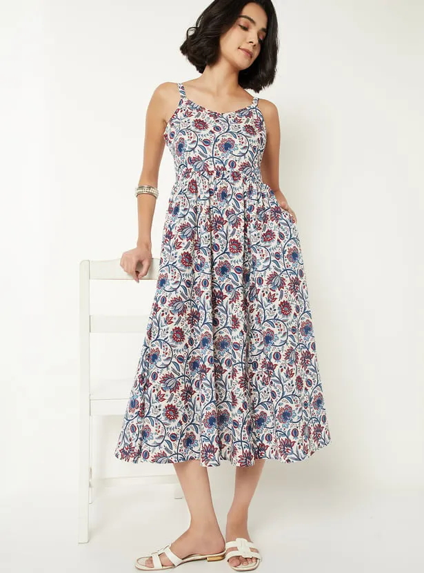 Women Floral Print A-line Midi Dress
